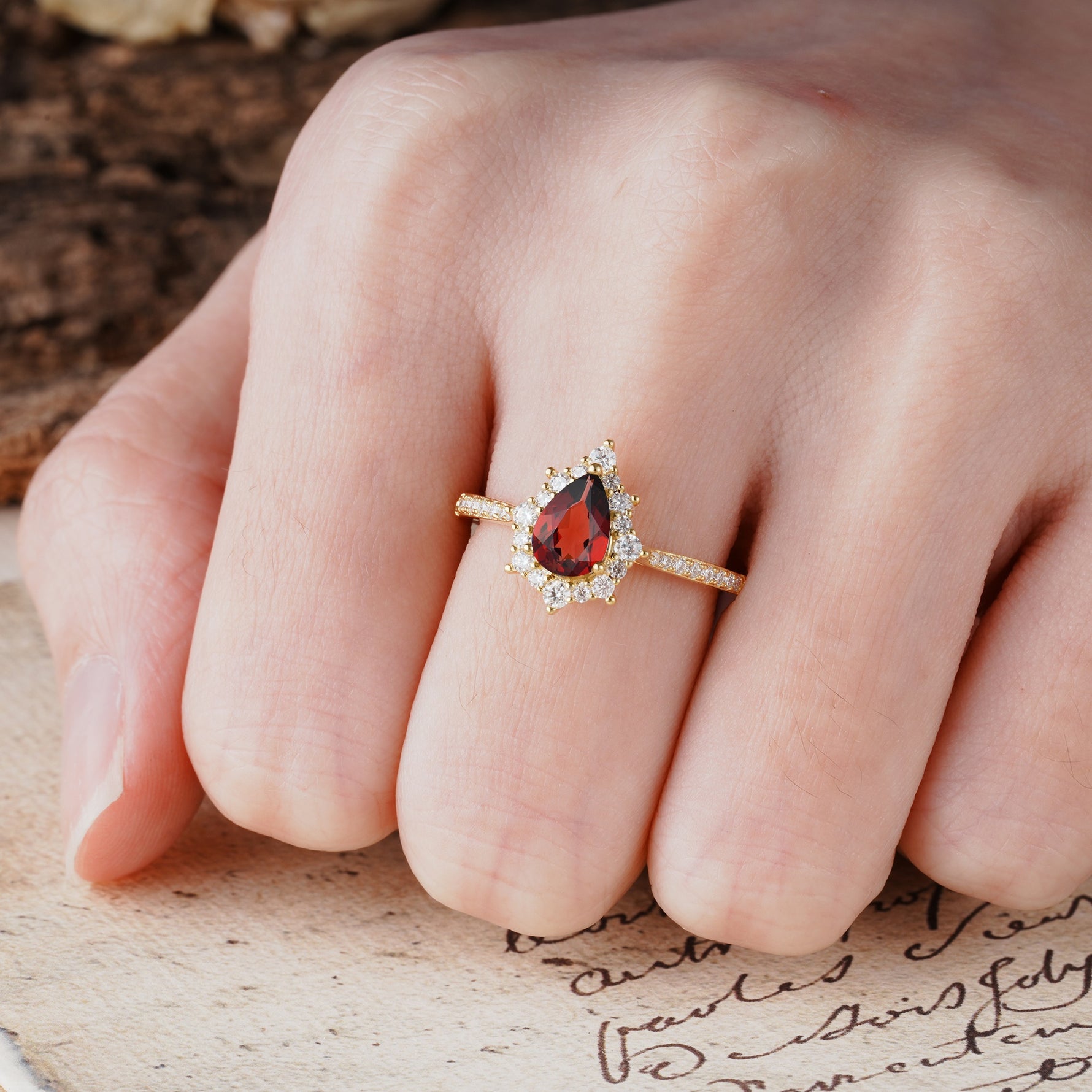 Vintage Classic 3-Prong Pear Cut Garnet Engagement Ring - Additional view