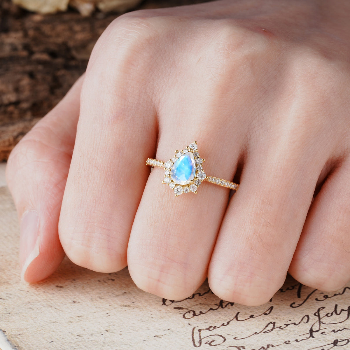 Vintage Classic 3-Prong Pear Cut Moonstone Engagement Ring - Additional view