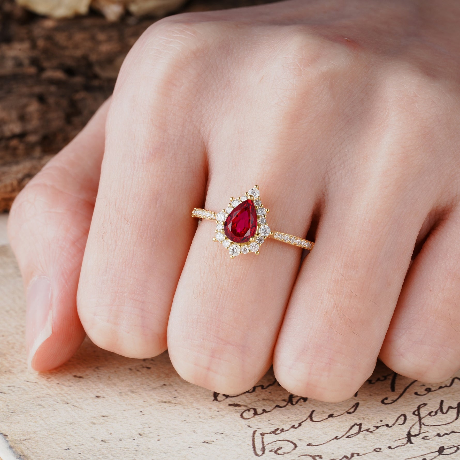 Vintage Classic 3-Prong Pear Cut Ruby Engagement Ring - Additional view