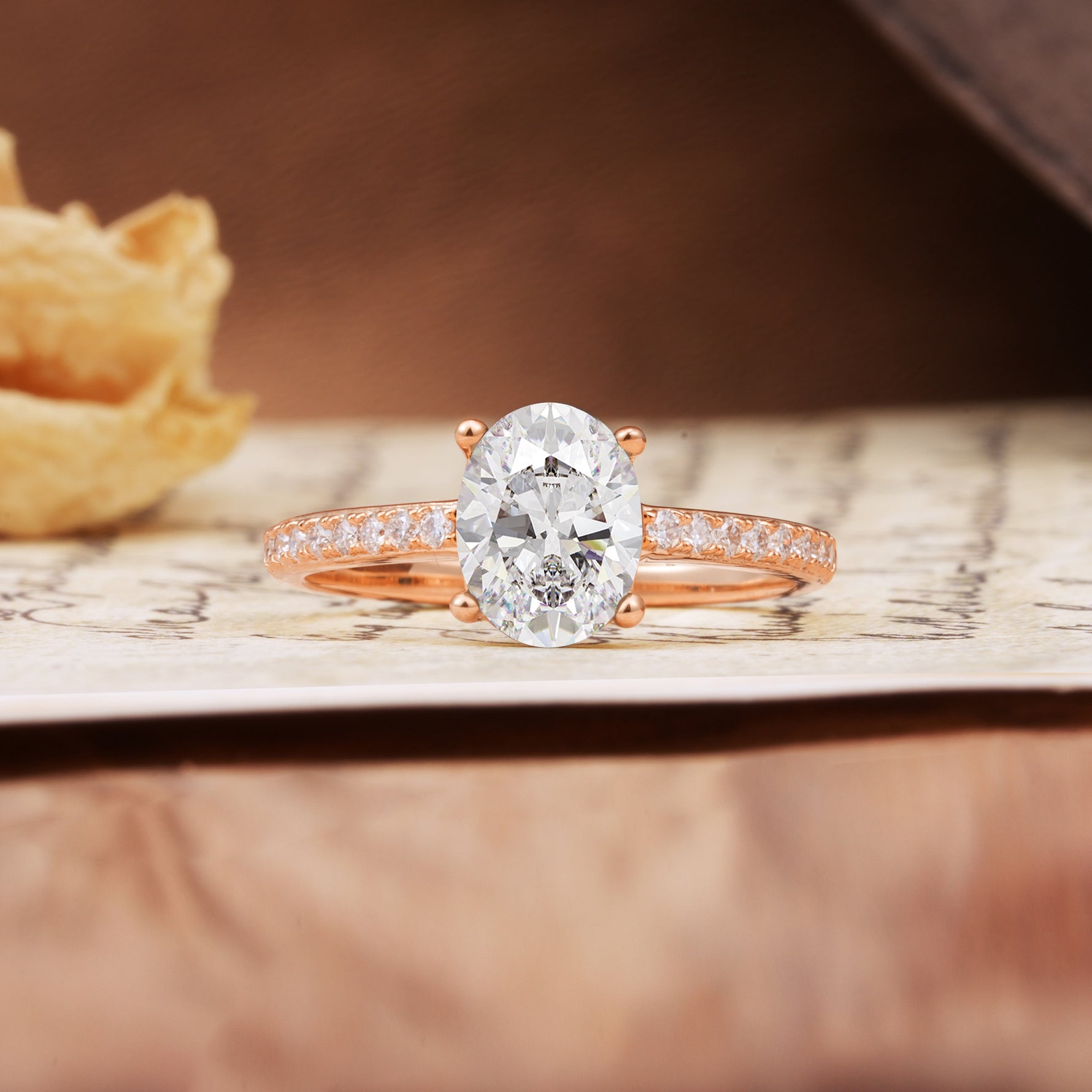 Luxurious and Unique 4-Prong Oval-Cut Moissanite Engagement Ring with Pavé Accents - Additional view