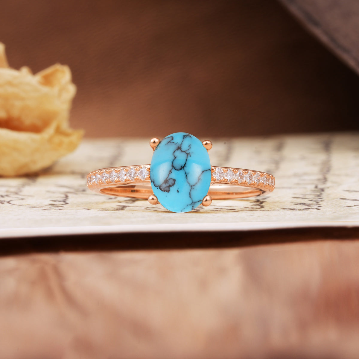 Luxurious and Unique 4-Prong Oval-Cut Turquoise Engagement Ring with Pavé Accents - Additional view