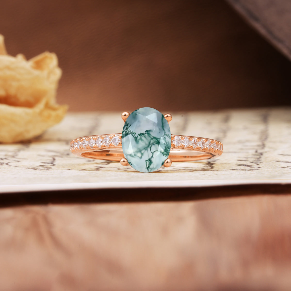 Luxurious and Unique 4-Prong Oval-Cut Moss Agate Engagement Ring with Pavé Accents - Additional view