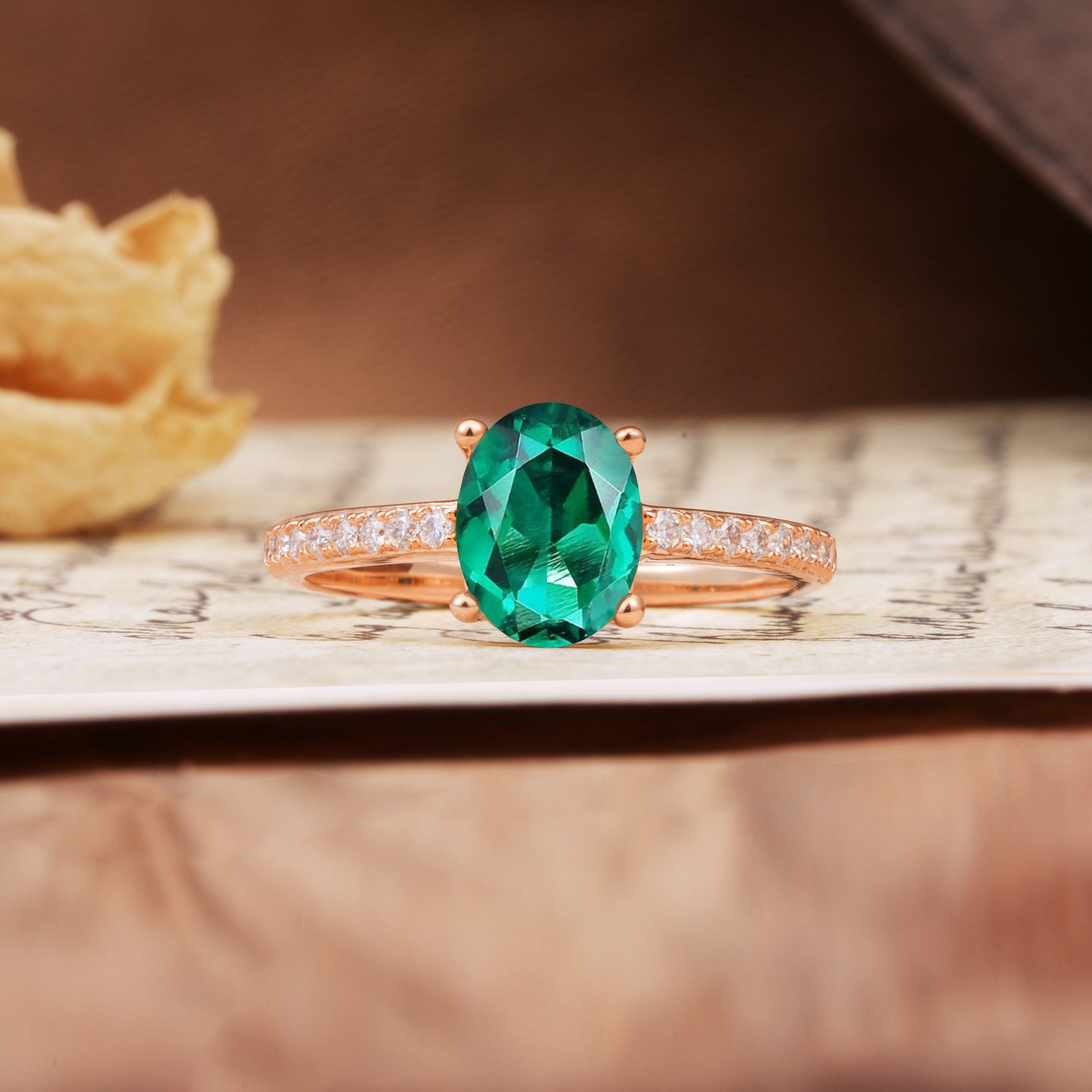 Luxurious and Unique 4-Prong Oval-Cut Emerald Engagement Ring with Pavé Accents - Additional view