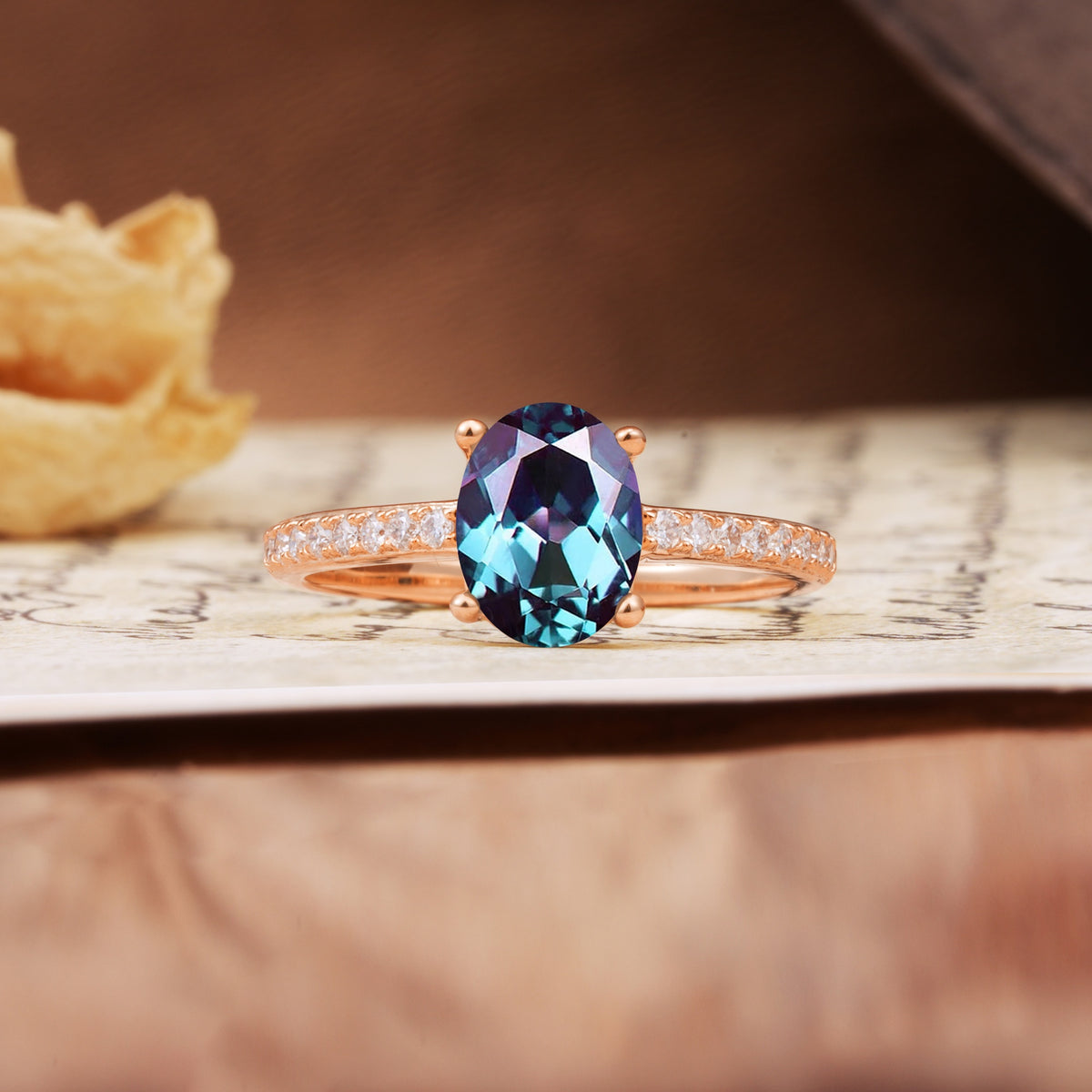 Luxurious and Unique 4-Prong Oval-Cut Alexandrite Engagement Ring with Pavé Accents - Additional view
