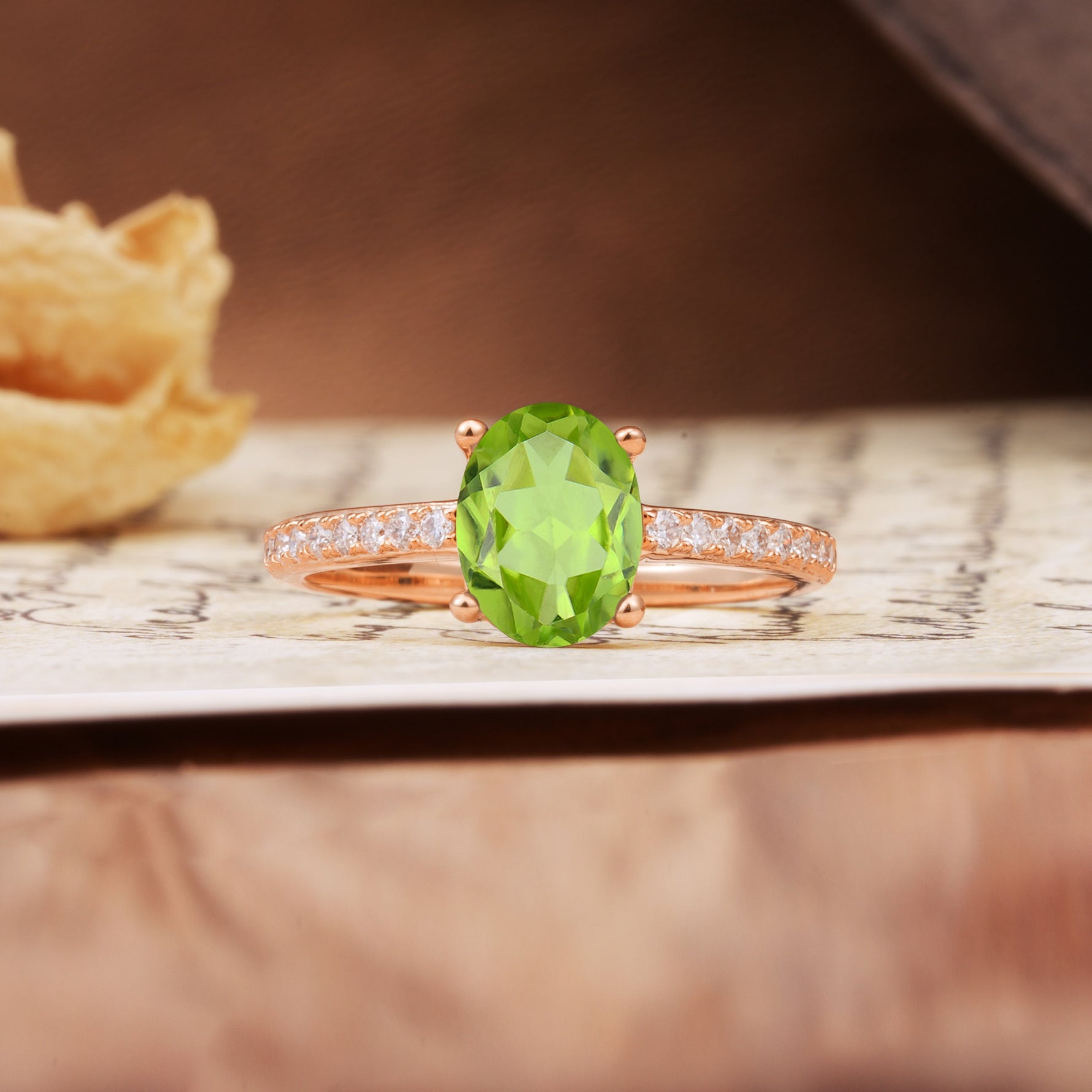 Luxurious and Unique 4-Prong Oval-Cut Peridot Engagement Ring with Pavé Accents - Additional view