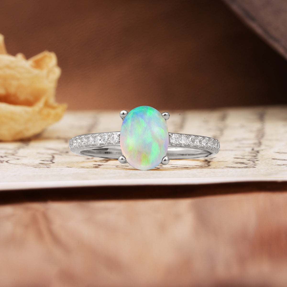 Luxurious and Unique 4-Prong Oval-Cut Fire Opal Engagement Ring with Pavé Accents - Additional view