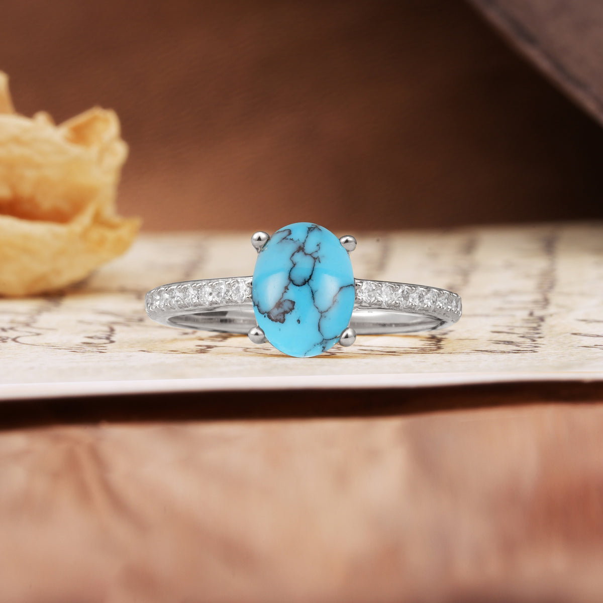 Luxurious and Unique 4-Prong Oval-Cut Turquoise Engagement Ring with Pavé Accents - Additional view