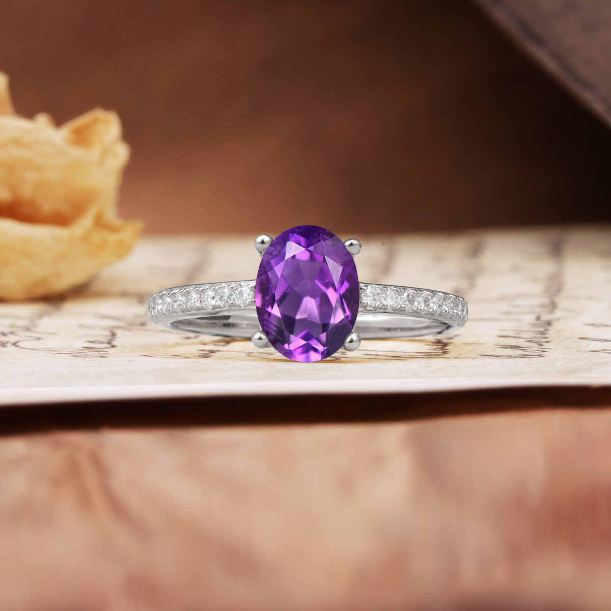 Luxurious and Unique 4-Prong Oval-Cut Amethyst Engagement Ring with Pavé Accents - Additional view