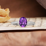 Luxurious and Unique 4-Prong Oval-Cut Amethyst Engagement Ring with Pavé Accents - Additional view