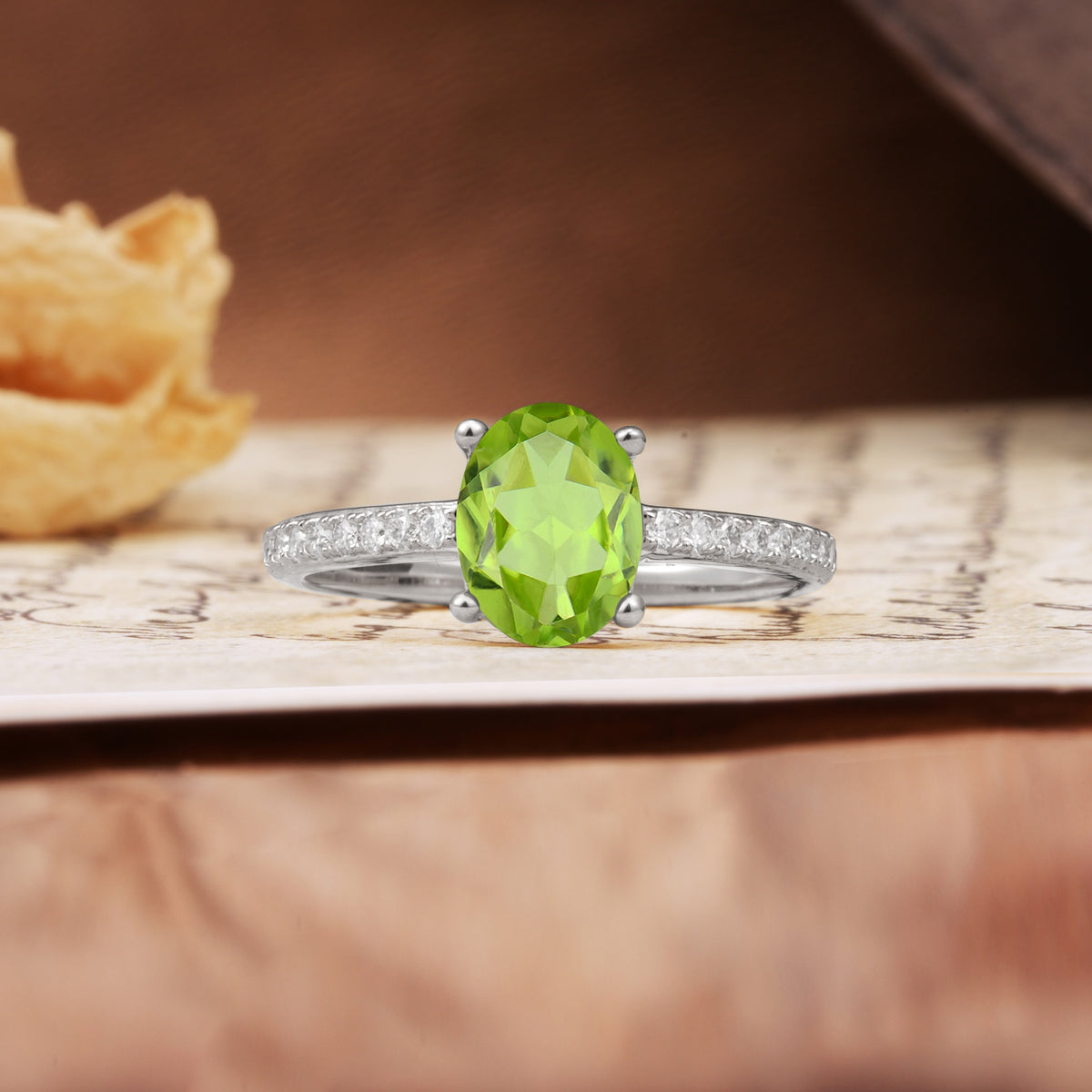 Luxurious and Unique 4-Prong Oval-Cut Peridot Engagement Ring with Pavé Accents - Additional view