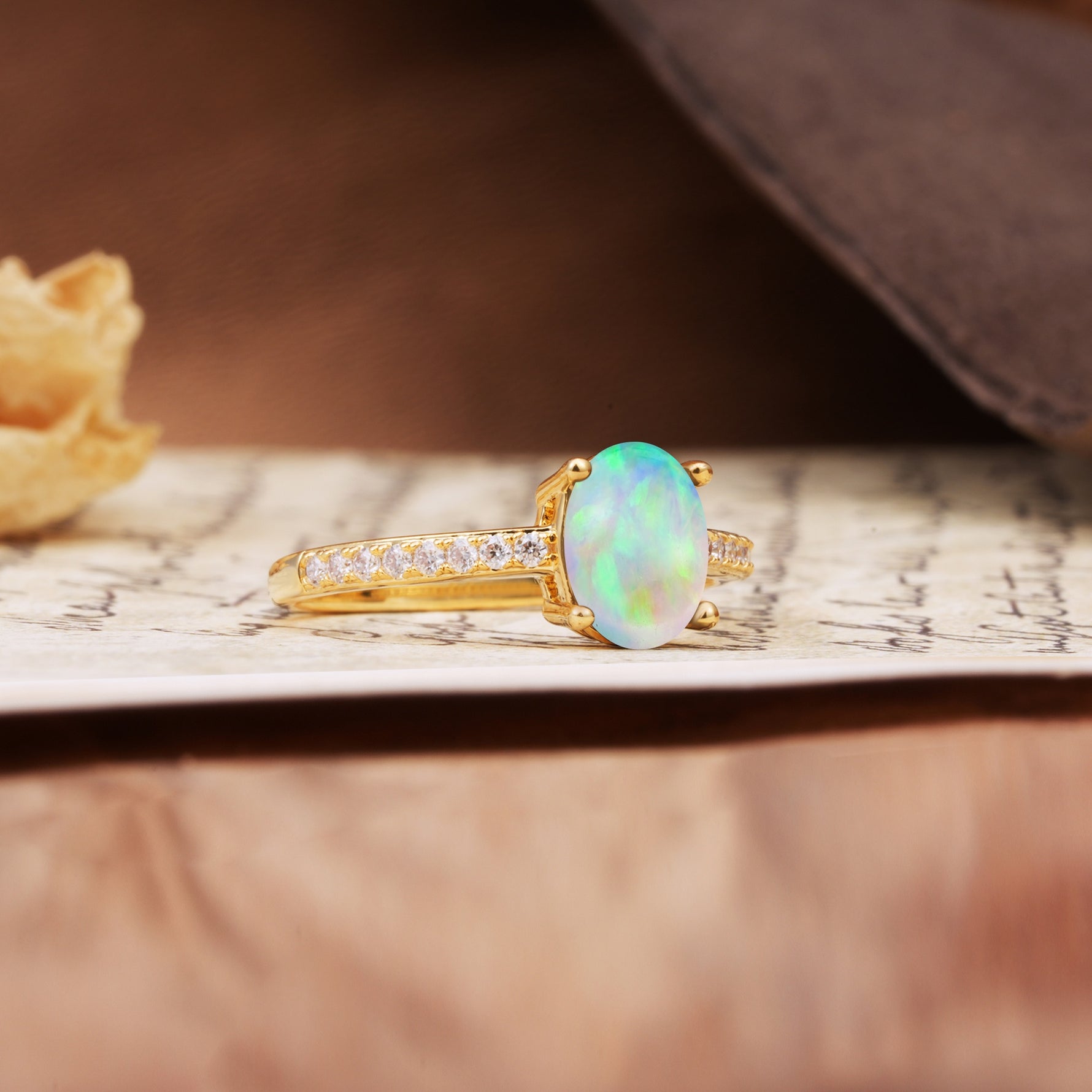 Luxurious and Unique 4-Prong Oval-Cut Fire Opal Engagement Ring with Pavé Accents - Additional view