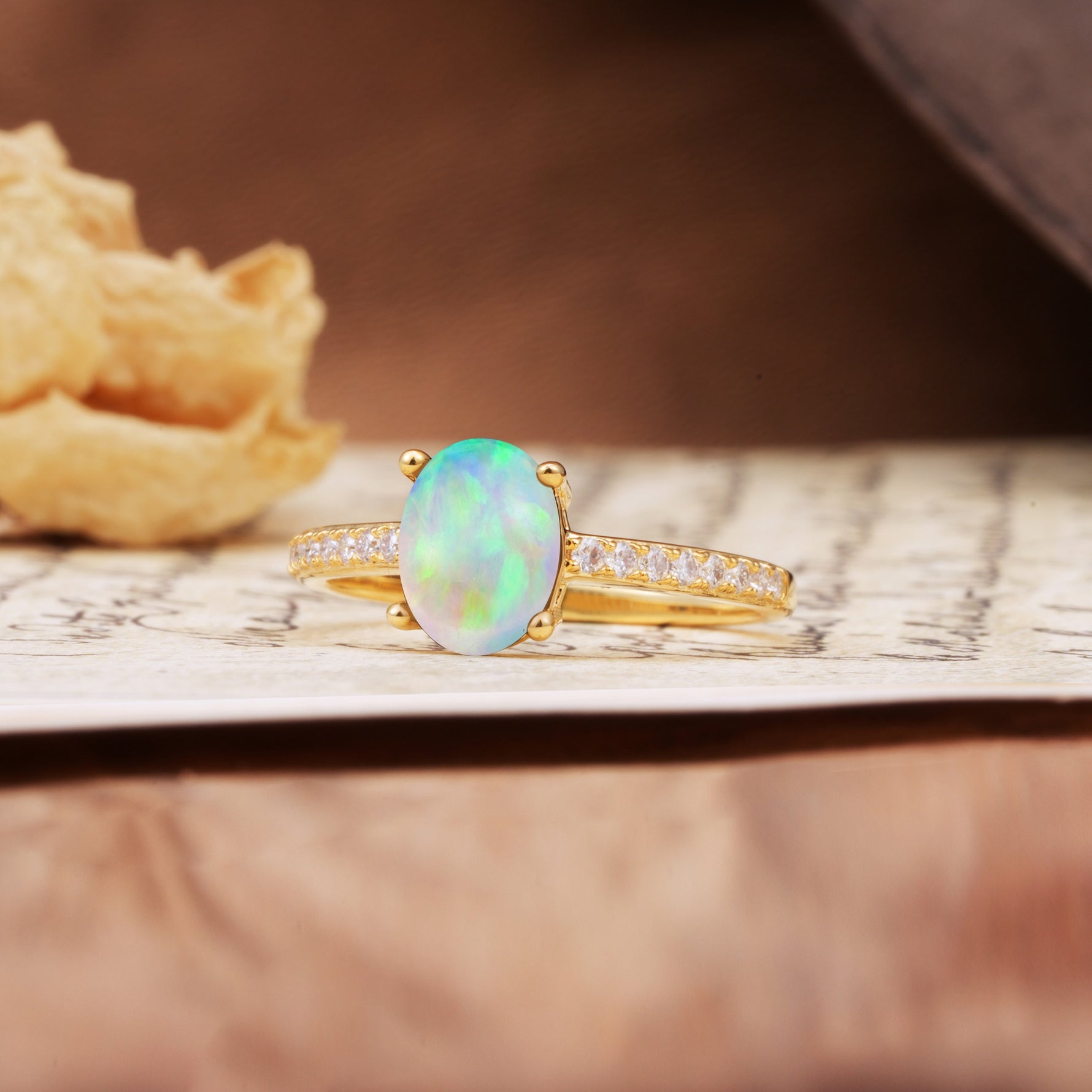 Luxurious and Unique 4-Prong Oval-Cut Fire Opal Engagement Ring with Pavé Accents - Additional view