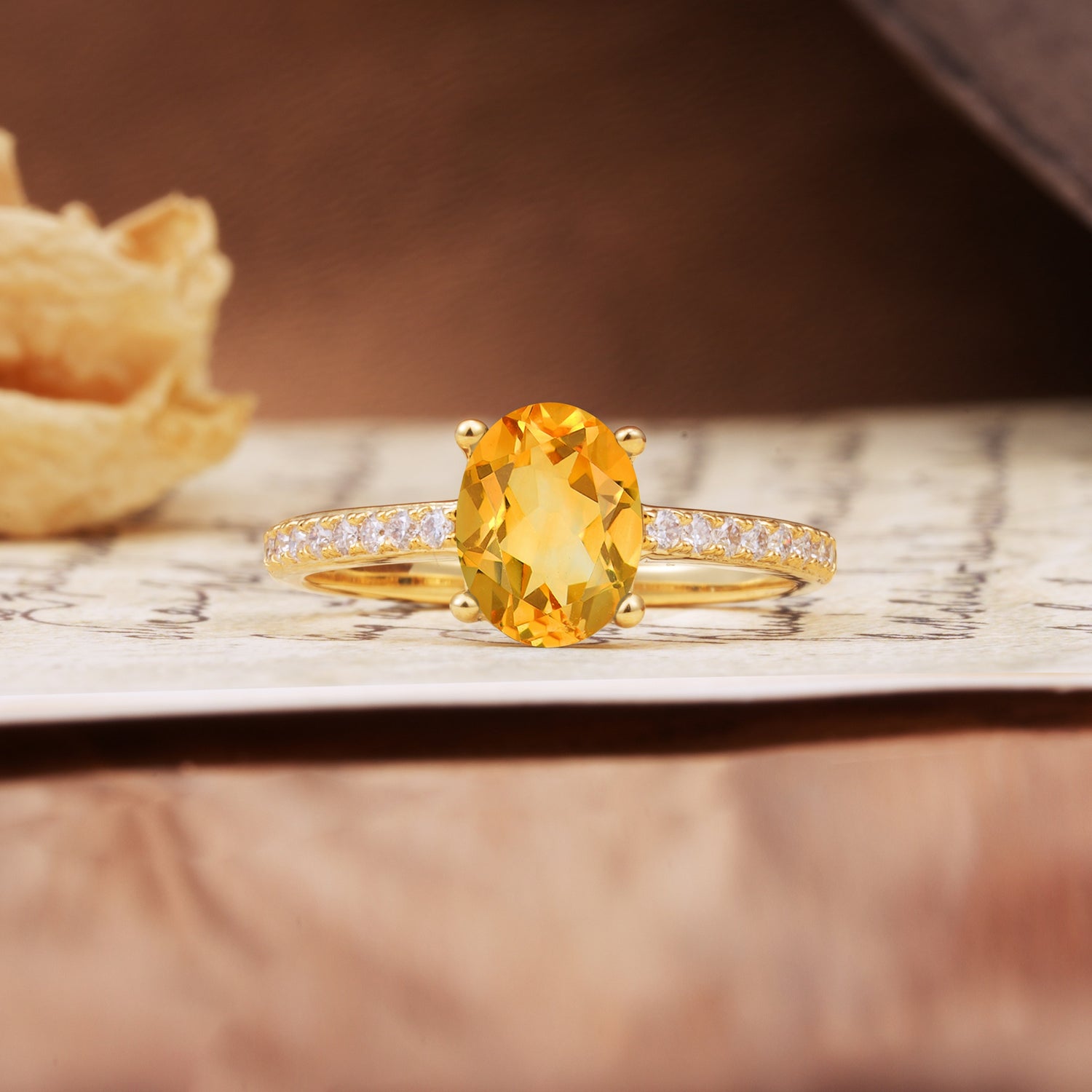 Luxurious and Unique 4-Prong Oval-Cut Citrine Engagement Ring with Pavé Accents - Additional view
