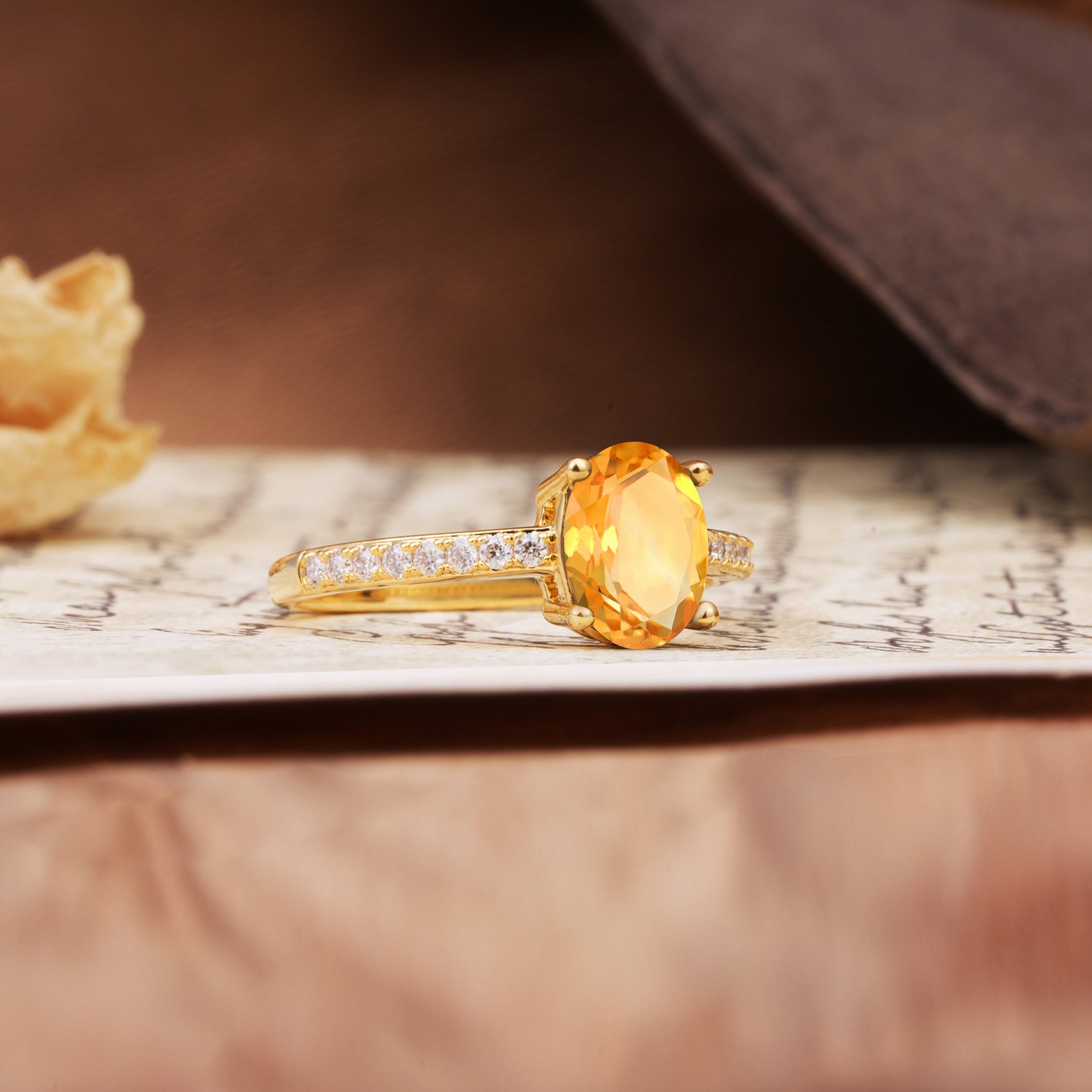 Luxurious and Unique 4-Prong Oval-Cut Citrine Engagement Ring with Pavé Accents - Additional view