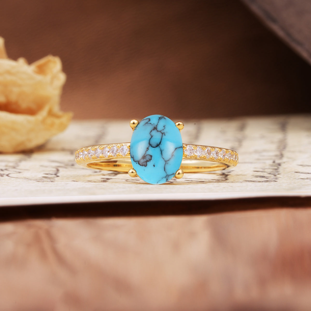 Luxurious and Unique 4-Prong Oval-Cut Turquoise Engagement Ring with Pavé Accents - Additional view