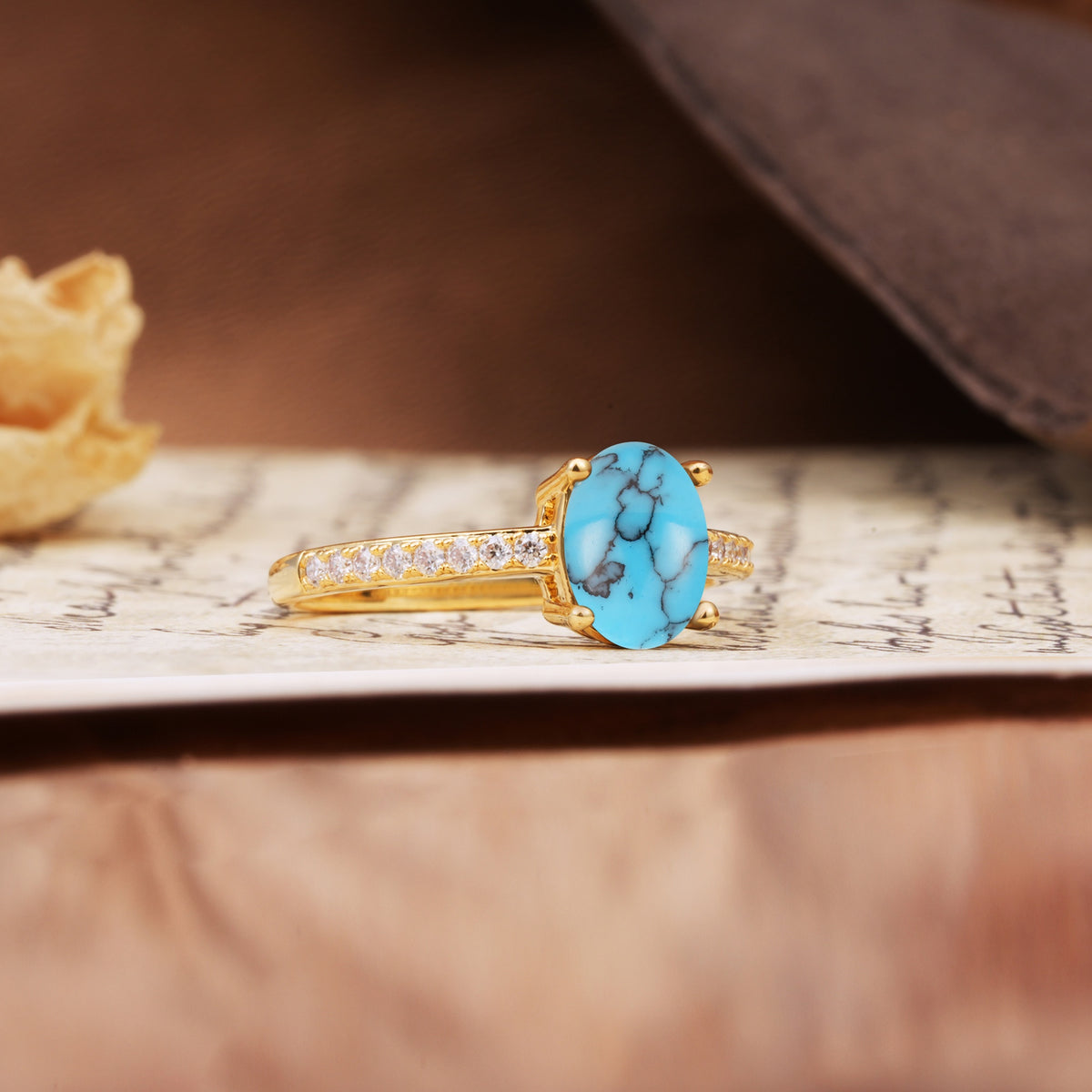 Luxurious and Unique 4-Prong Oval-Cut Turquoise Engagement Ring with Pavé Accents - Additional view