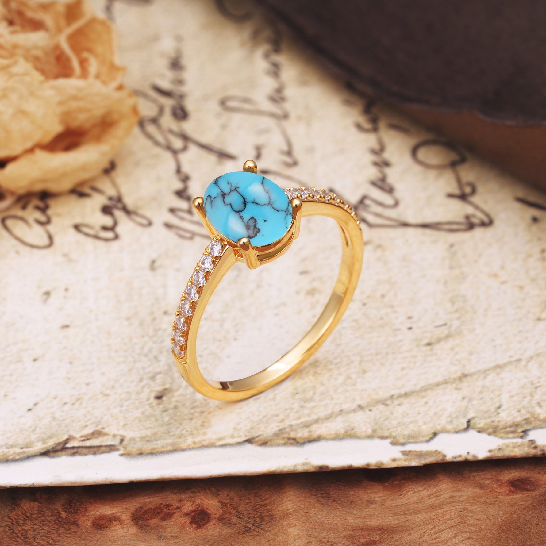 Luxurious and Unique 4-Prong Oval-Cut Turquoise Engagement Ring with Pavé Accents - Additional view