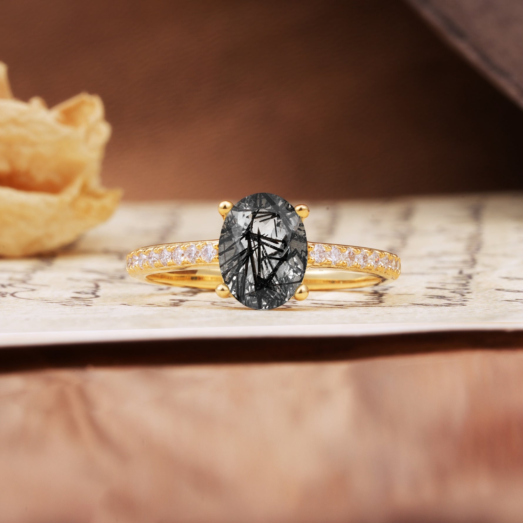 Luxurious and Unique 4-Prong Oval-Cut Black Rutilated Quartz Engagement Ring with Pavé Accents - Additional view