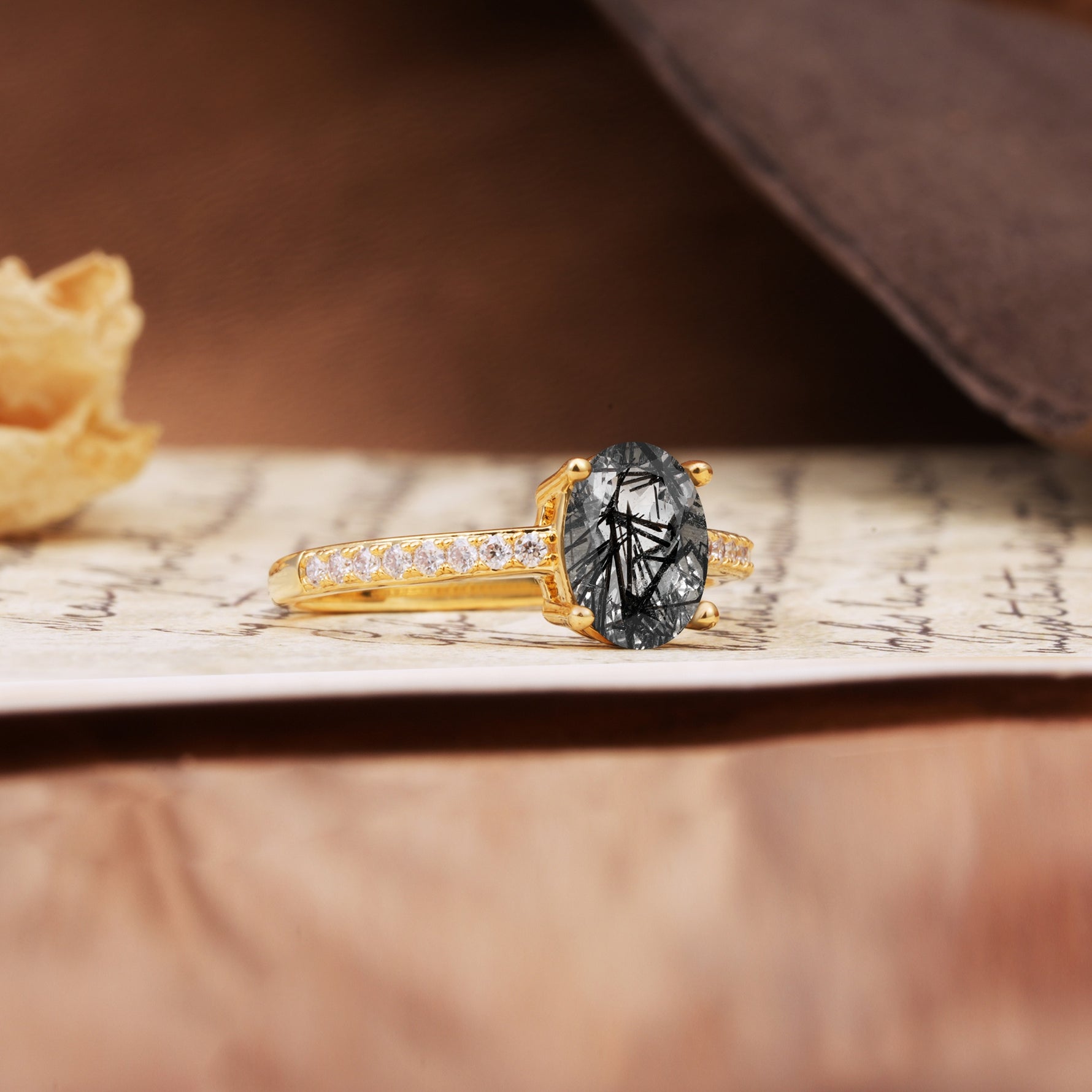 Luxurious and Unique 4-Prong Oval-Cut Black Rutilated Quartz Engagement Ring with Pavé Accents - Additional view