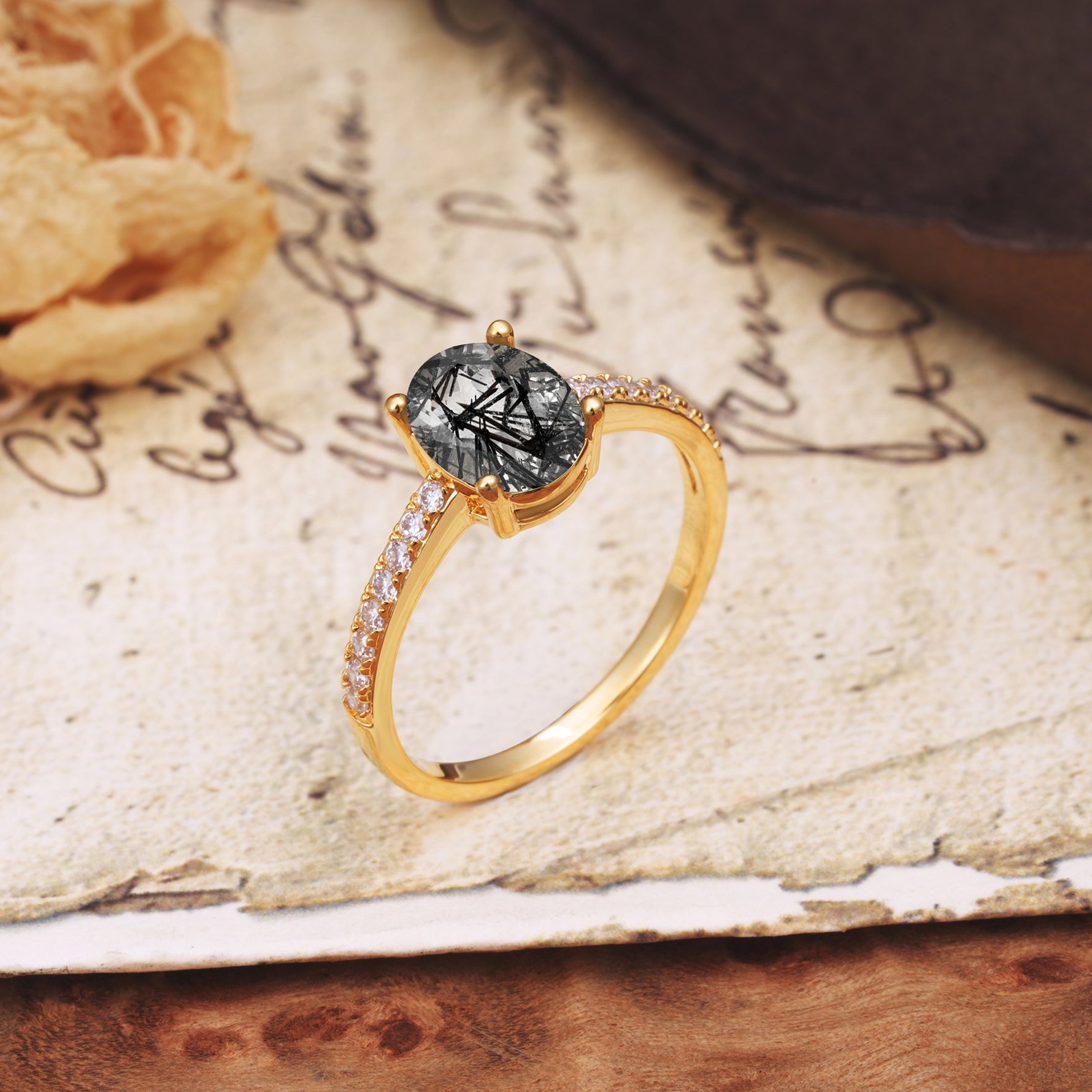 Luxurious and Unique 4-Prong Oval-Cut Black Rutilated Quartz Engagement Ring with Pavé Accents - Additional view