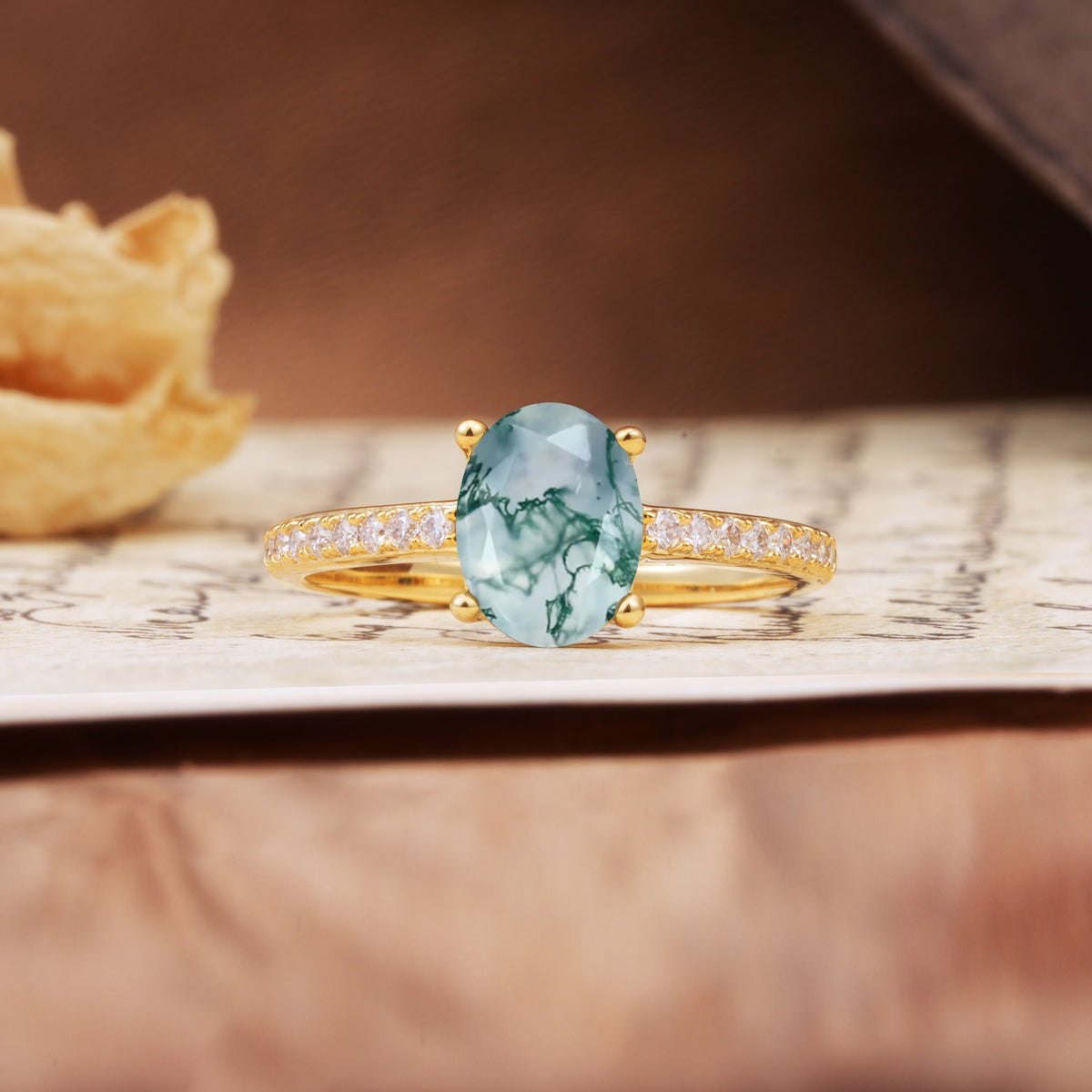 Luxurious and Unique 4-Prong Oval-Cut Moss Agate Engagement Ring with Pavé Accents - Additional view