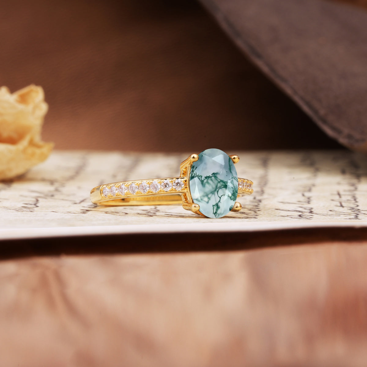 Luxurious and Unique 4-Prong Oval-Cut Moss Agate Engagement Ring with Pavé Accents - Additional view