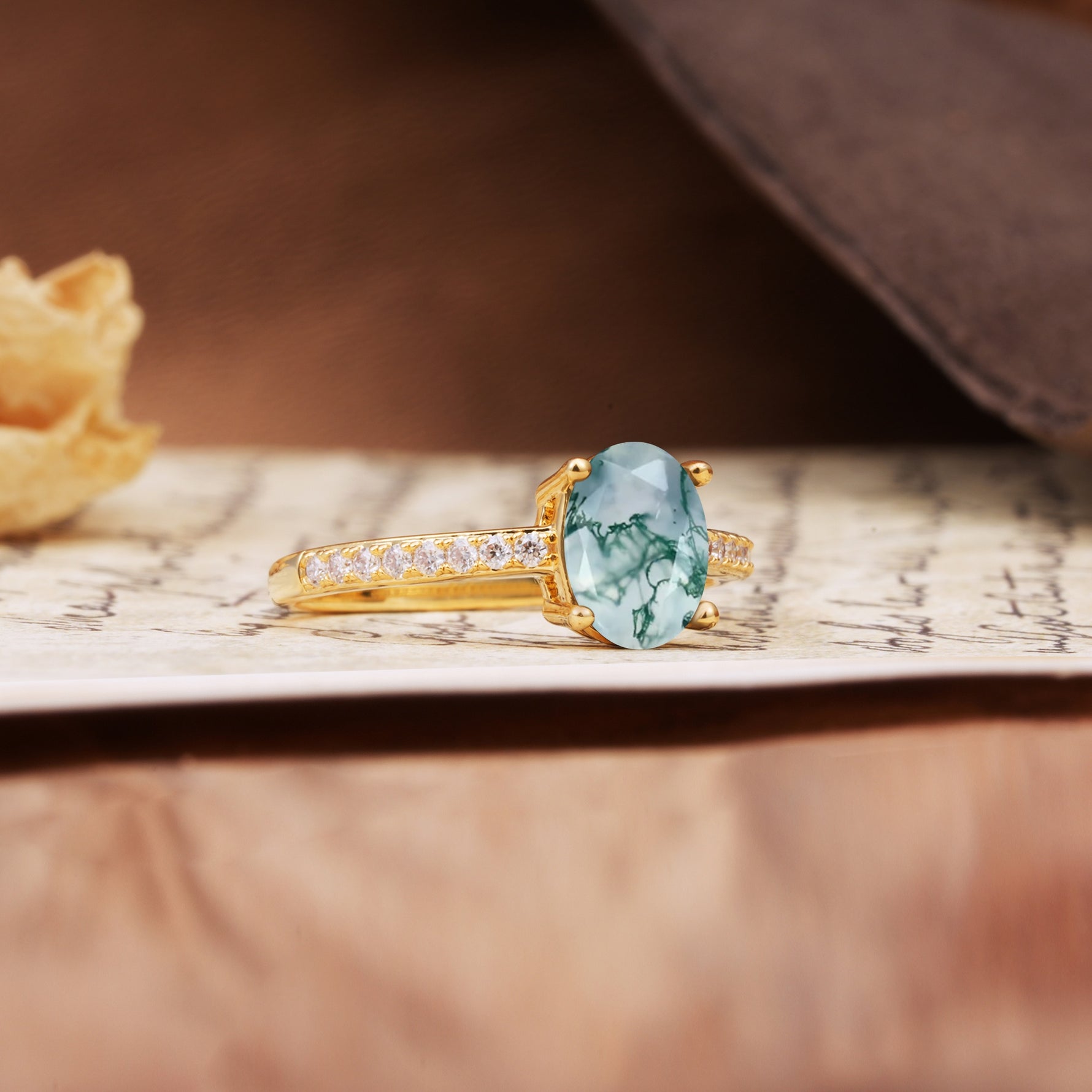 Luxurious and Unique 4-Prong Oval-Cut Moss Agate Engagement Ring with Pavé Accents - Additional view