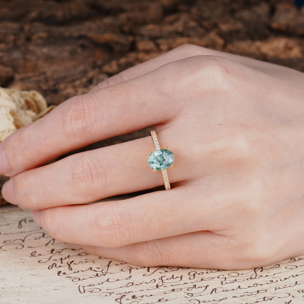 Luxurious and Unique 4-Prong Oval-Cut Moss Agate Engagement Ring with Pavé Accents - Additional view