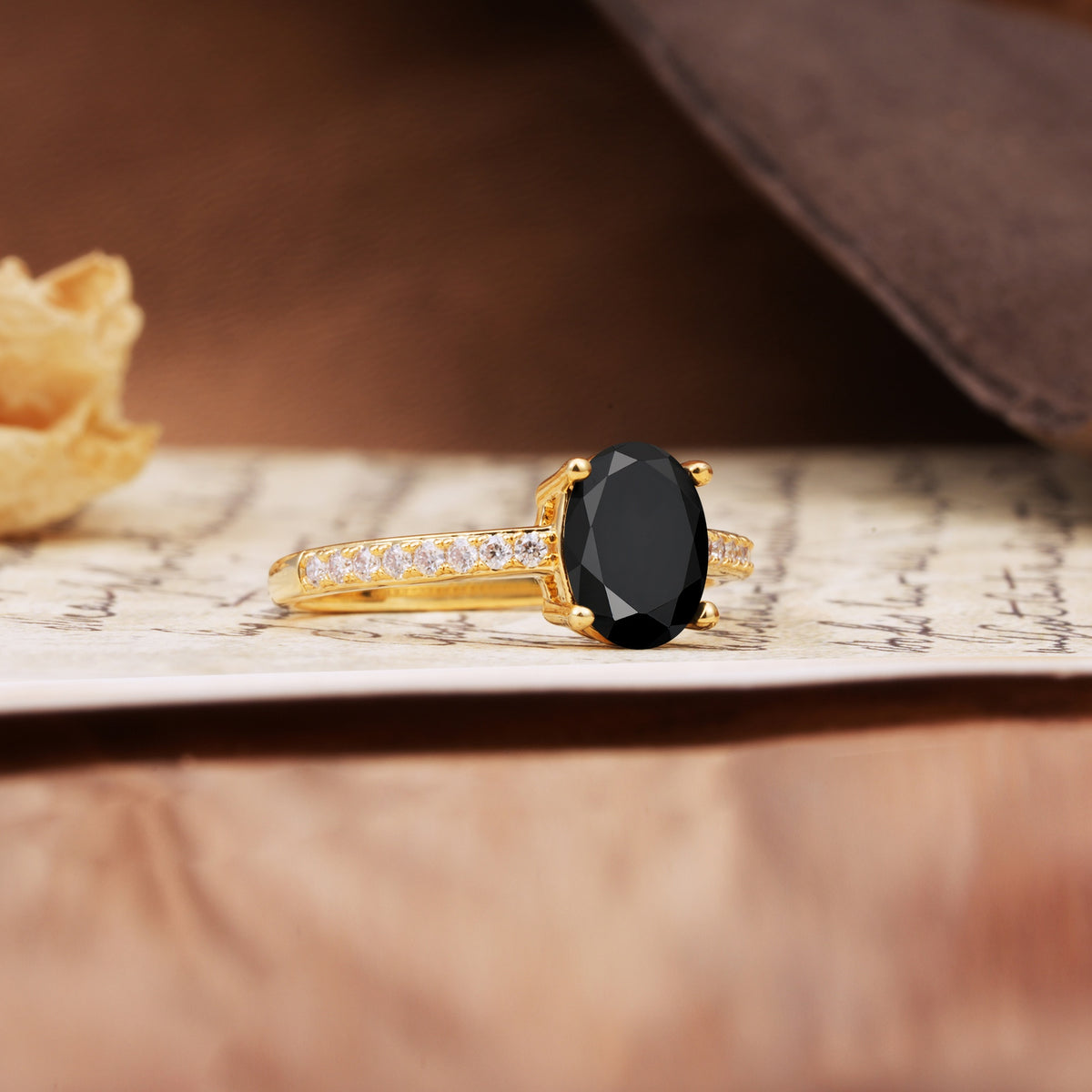 Luxurious and Unique 4-Prong Oval-Cut Black Onyx Engagement Ring with Pavé Accents - Additional view