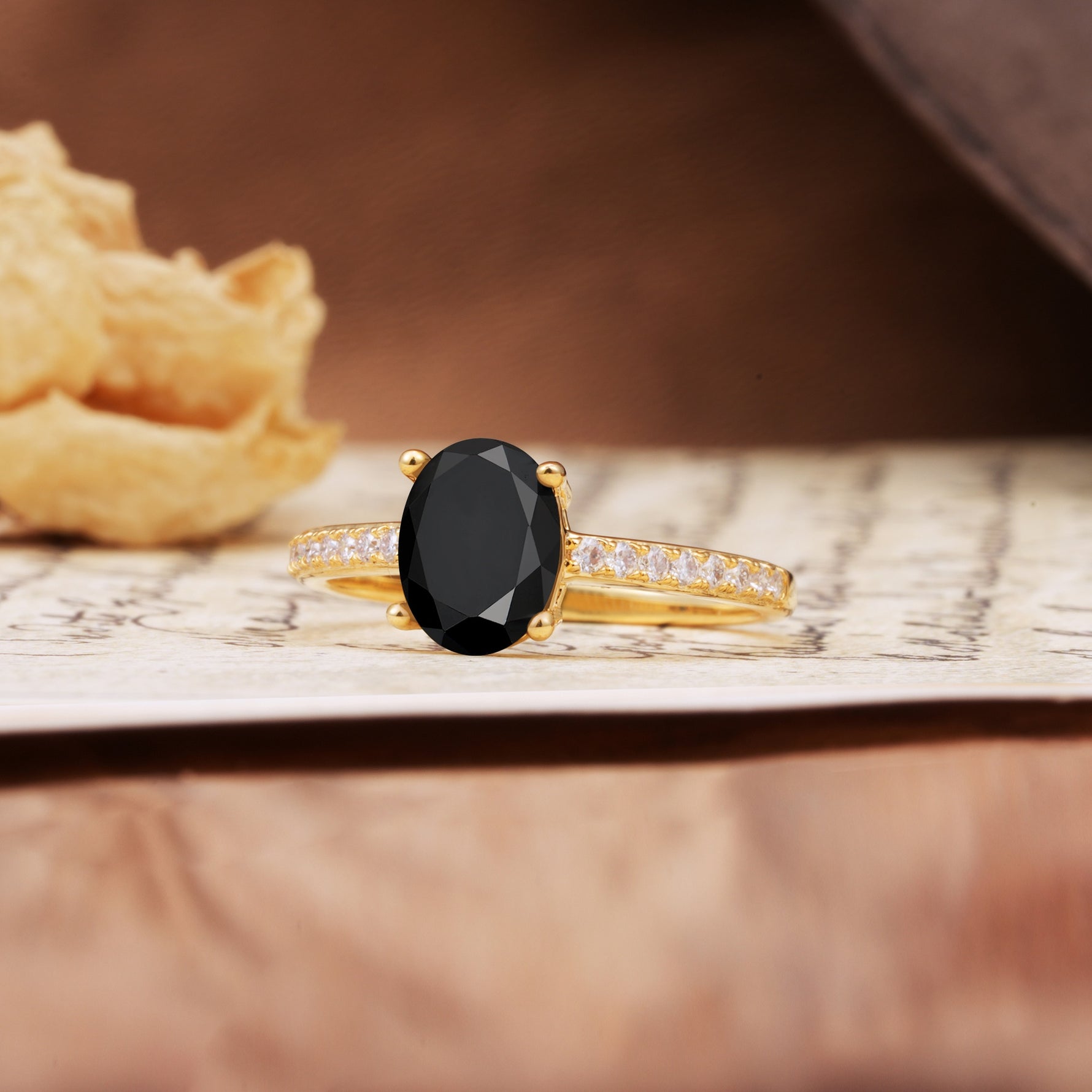 Luxurious and Unique 4-Prong Oval-Cut Black Onyx Engagement Ring with Pavé Accents - Additional view