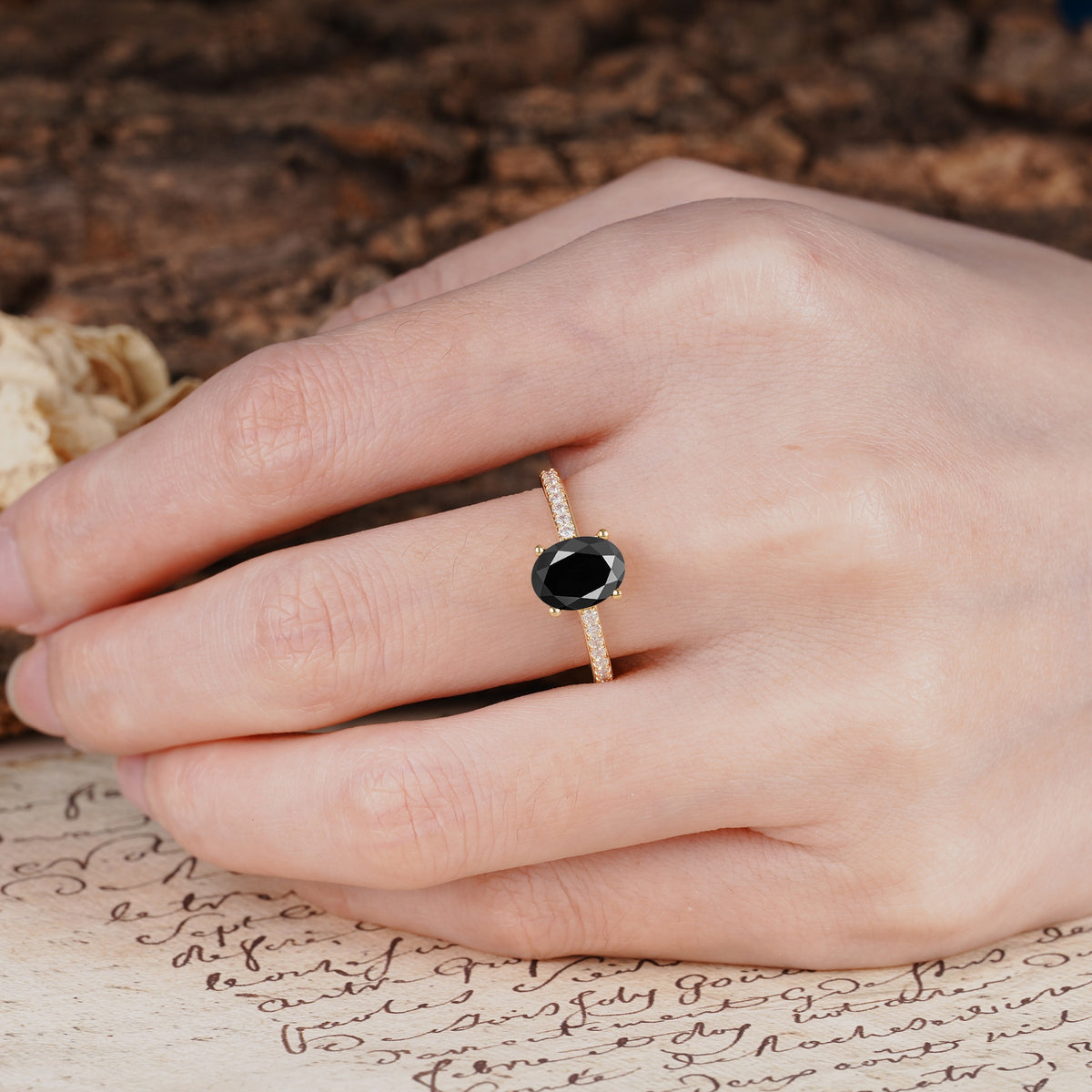 Luxurious and Unique 4-Prong Oval-Cut Black Onyx Engagement Ring with Pavé Accents - Additional view