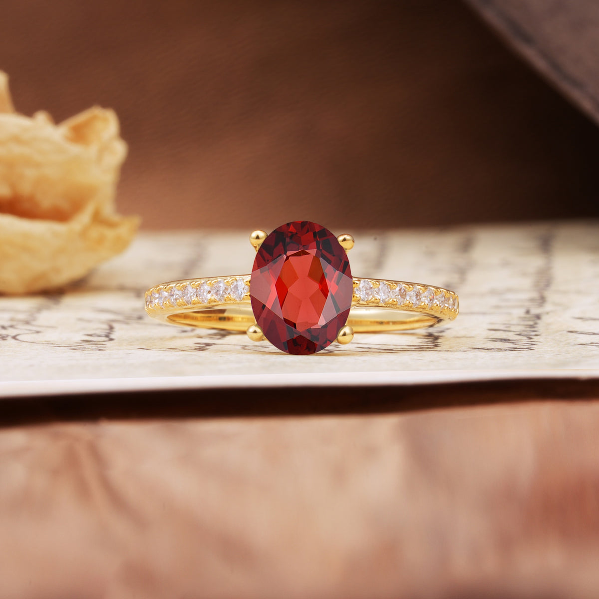 Luxurious and Unique 4-Prong Oval-Cut Garnet Engagement Ring with Pavé Accents - Additional view
