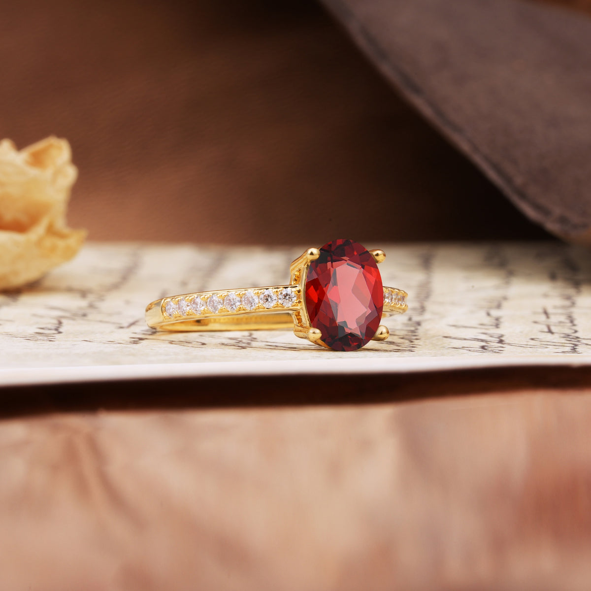 Luxurious and Unique 4-Prong Oval-Cut Garnet Engagement Ring with Pavé Accents - Additional view