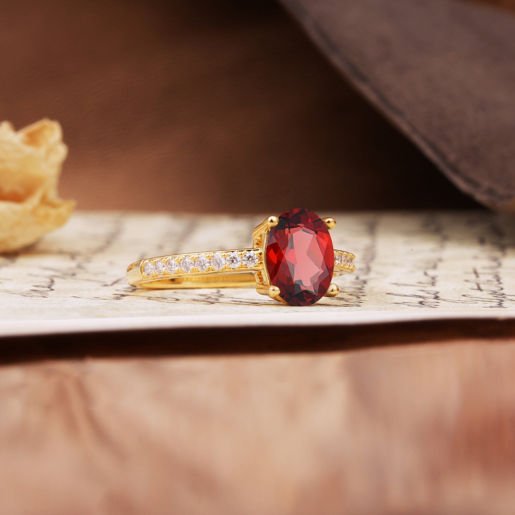 Luxurious and Unique 4-Prong Oval-Cut Garnet Engagement Ring with Pavé Accents - Additional view