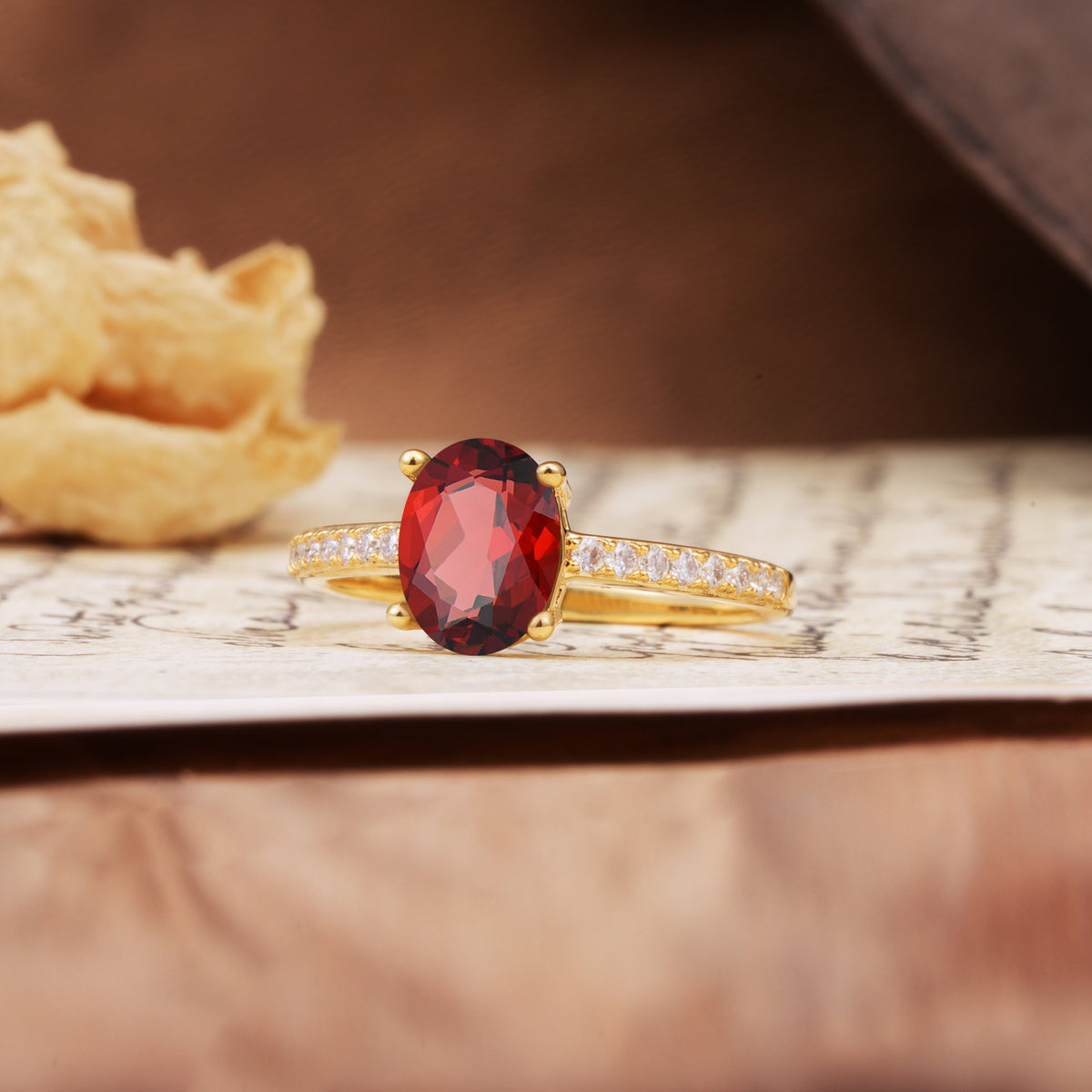 Luxurious and Unique 4-Prong Oval-Cut Garnet Engagement Ring with Pavé Accents - Additional view