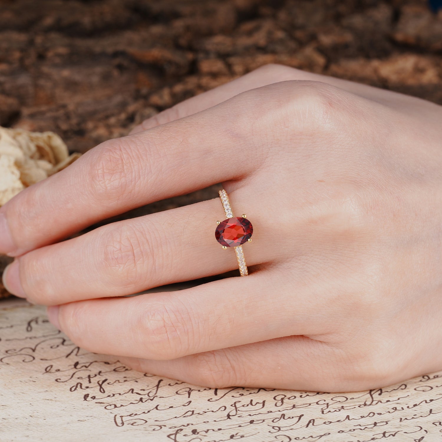 Luxurious and Unique 4-Prong Oval-Cut Garnet Engagement Ring with Pavé Accents - Additional view