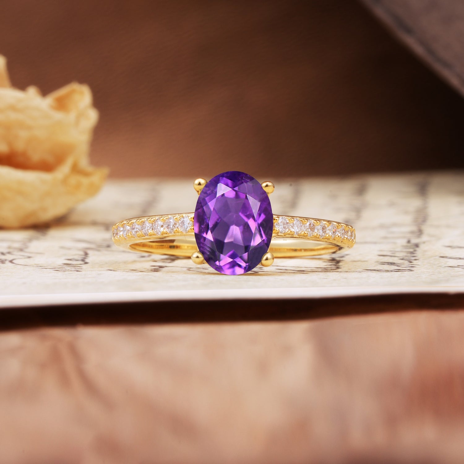 Luxurious and Unique 4-Prong Oval-Cut Amethyst Engagement Ring with Pavé Accents - Additional view