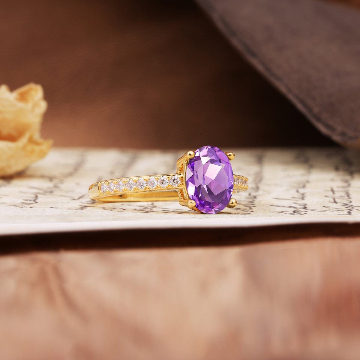 Luxurious and Unique 4-Prong Oval-Cut Amethyst Engagement Ring with Pavé Accents - Additional view
