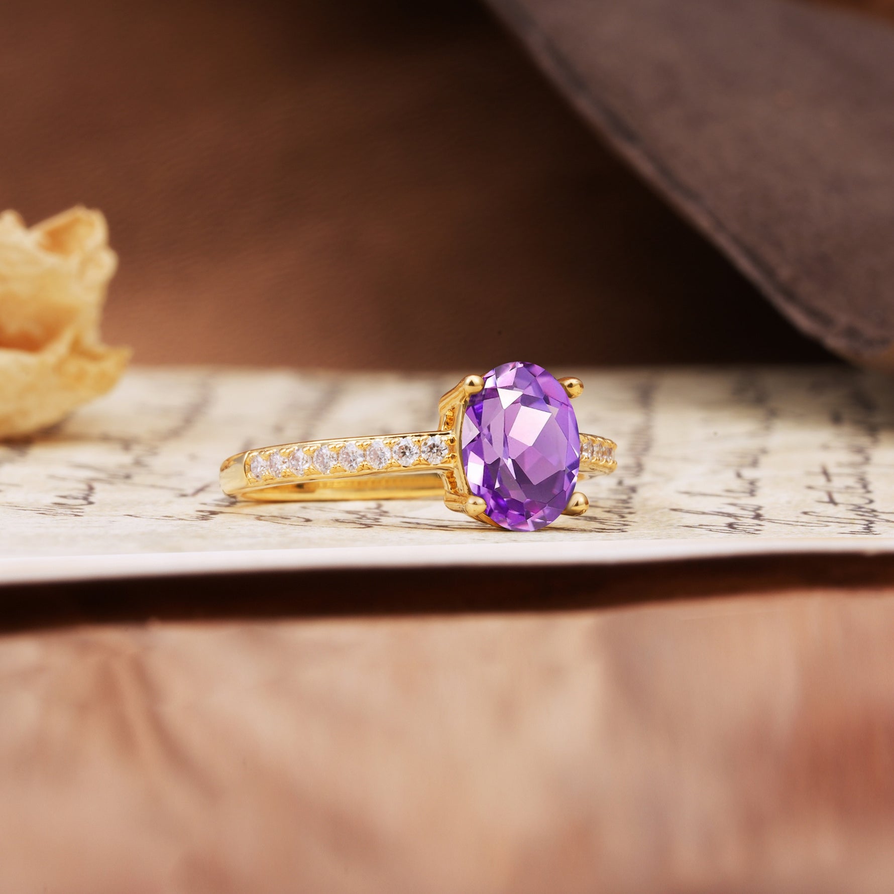 Luxurious and Unique 4-Prong Oval-Cut Amethyst Engagement Ring with Pavé Accents - Additional view