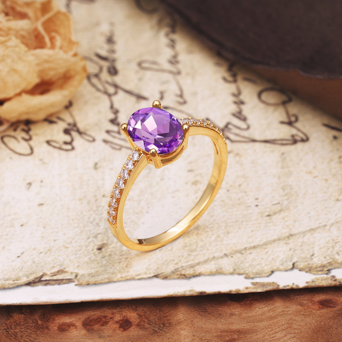 Luxurious and Unique 4-Prong Oval-Cut Amethyst Engagement Ring with Pavé Accents - Additional view