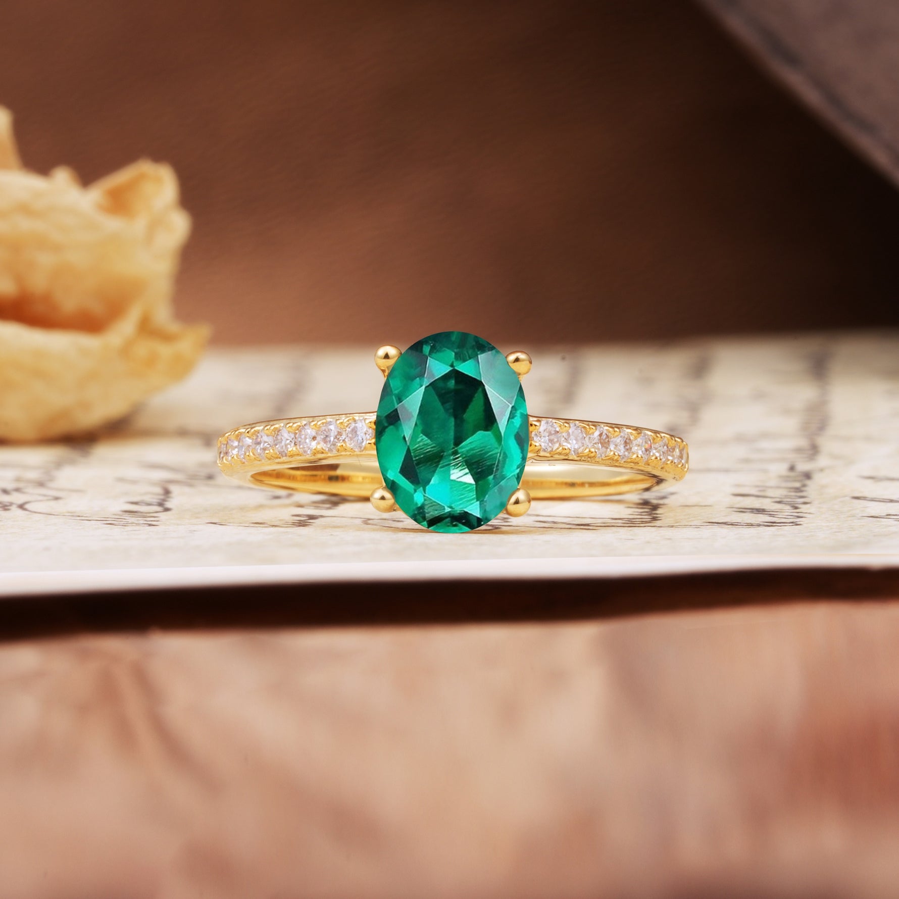 Luxurious and Unique 4-Prong Oval-Cut Emerald Engagement Ring with Pavé Accents - Additional view