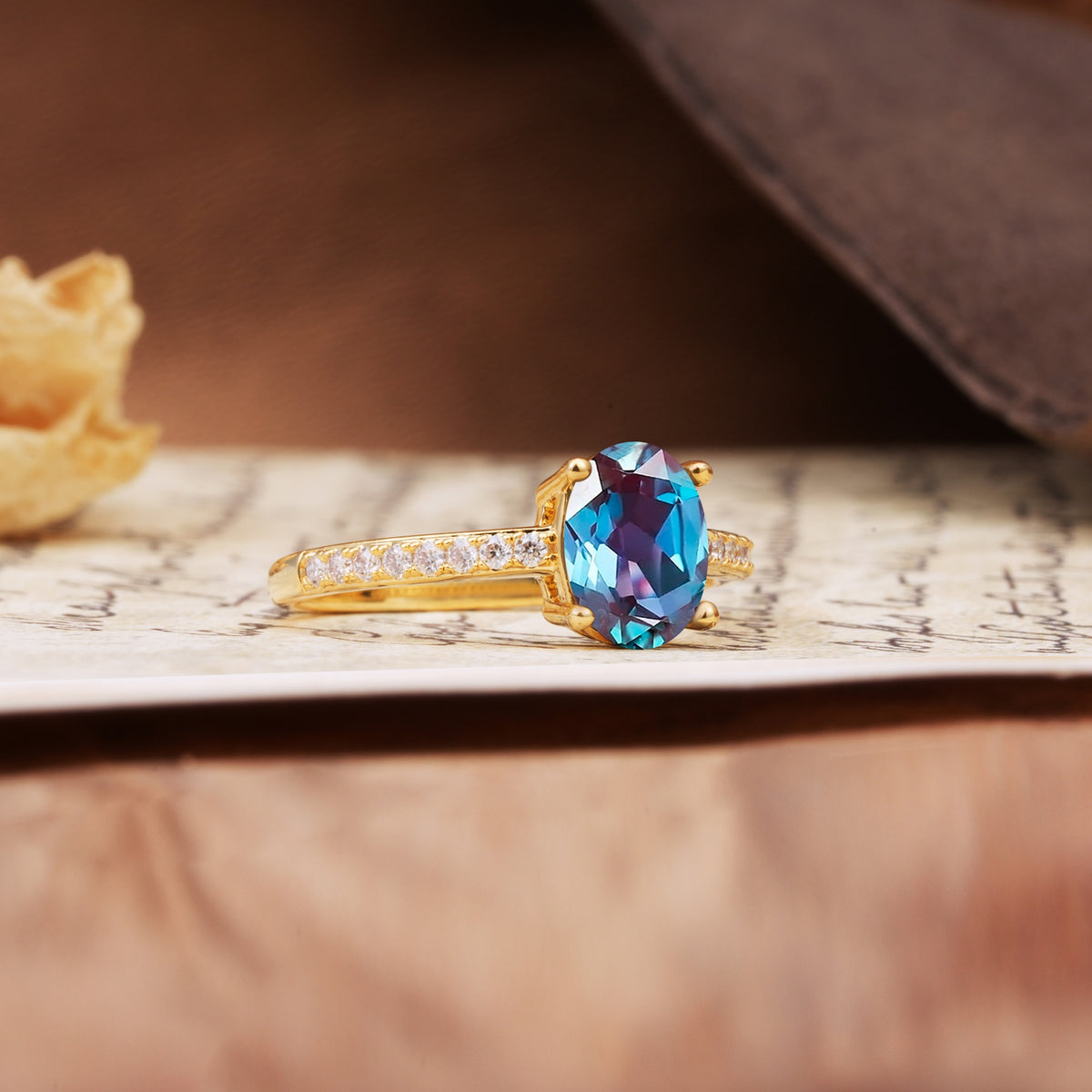 Luxurious and Unique 4-Prong Oval-Cut Alexandrite Engagement Ring with Pavé Accents - Additional view