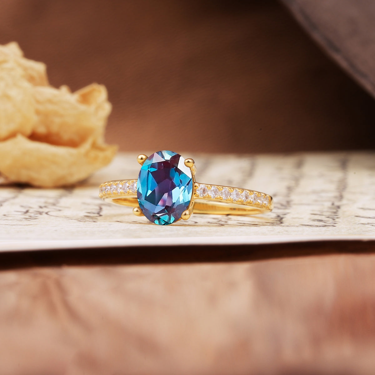 Luxurious and Unique 4-Prong Oval-Cut Alexandrite Engagement Ring with Pavé Accents - Additional view