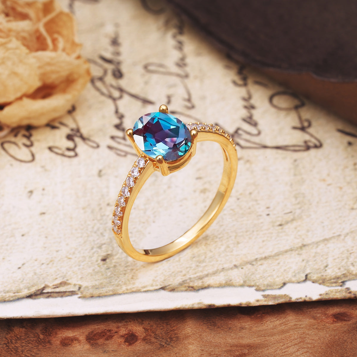 Luxurious and Unique 4-Prong Oval-Cut Alexandrite Engagement Ring with Pavé Accents - Additional view