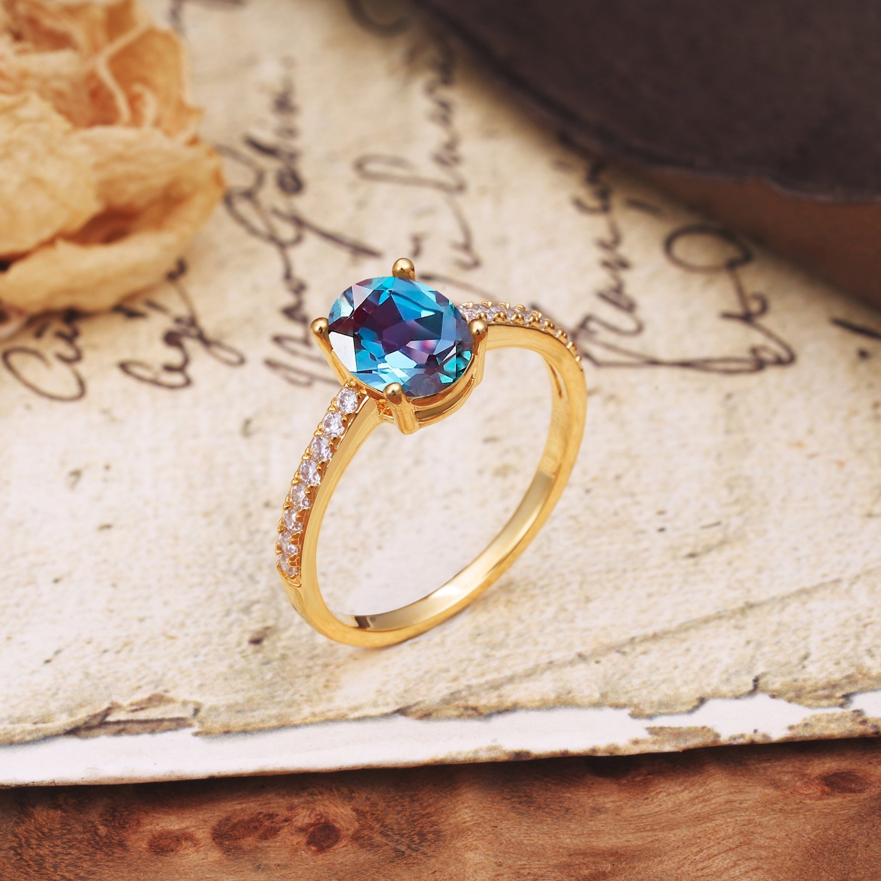 Luxurious and Unique 4-Prong Oval-Cut Alexandrite Engagement Ring with Pavé Accents - Additional view