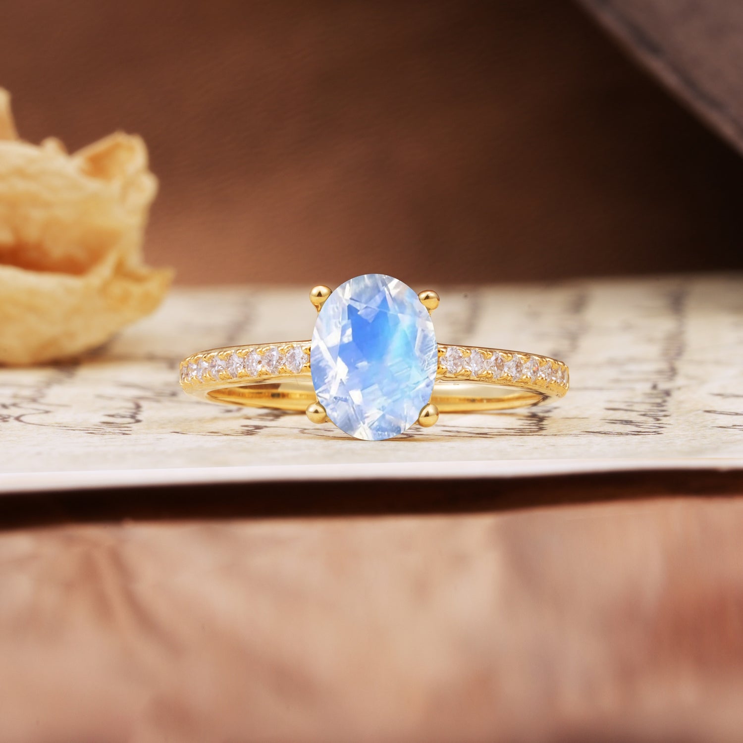 Luxurious and Unique 4-Prong Oval-Cut Moonstone Engagement Ring with Pavé Accents - Additional view