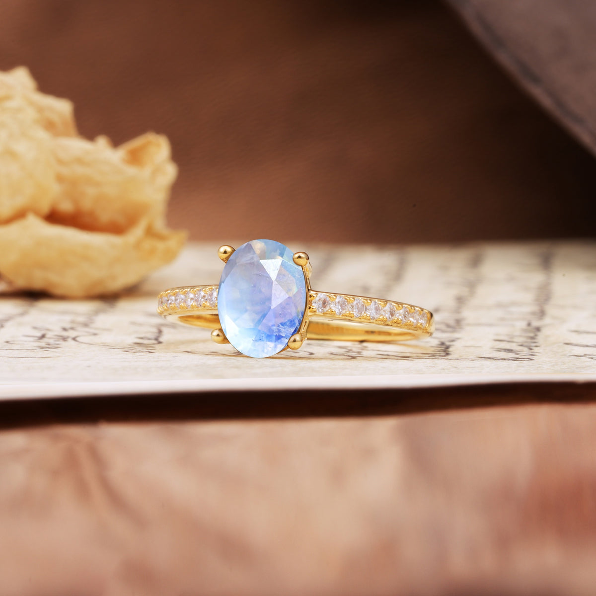 Luxurious and Unique 4-Prong Oval-Cut Moonstone Engagement Ring with Pavé Accents - Additional view