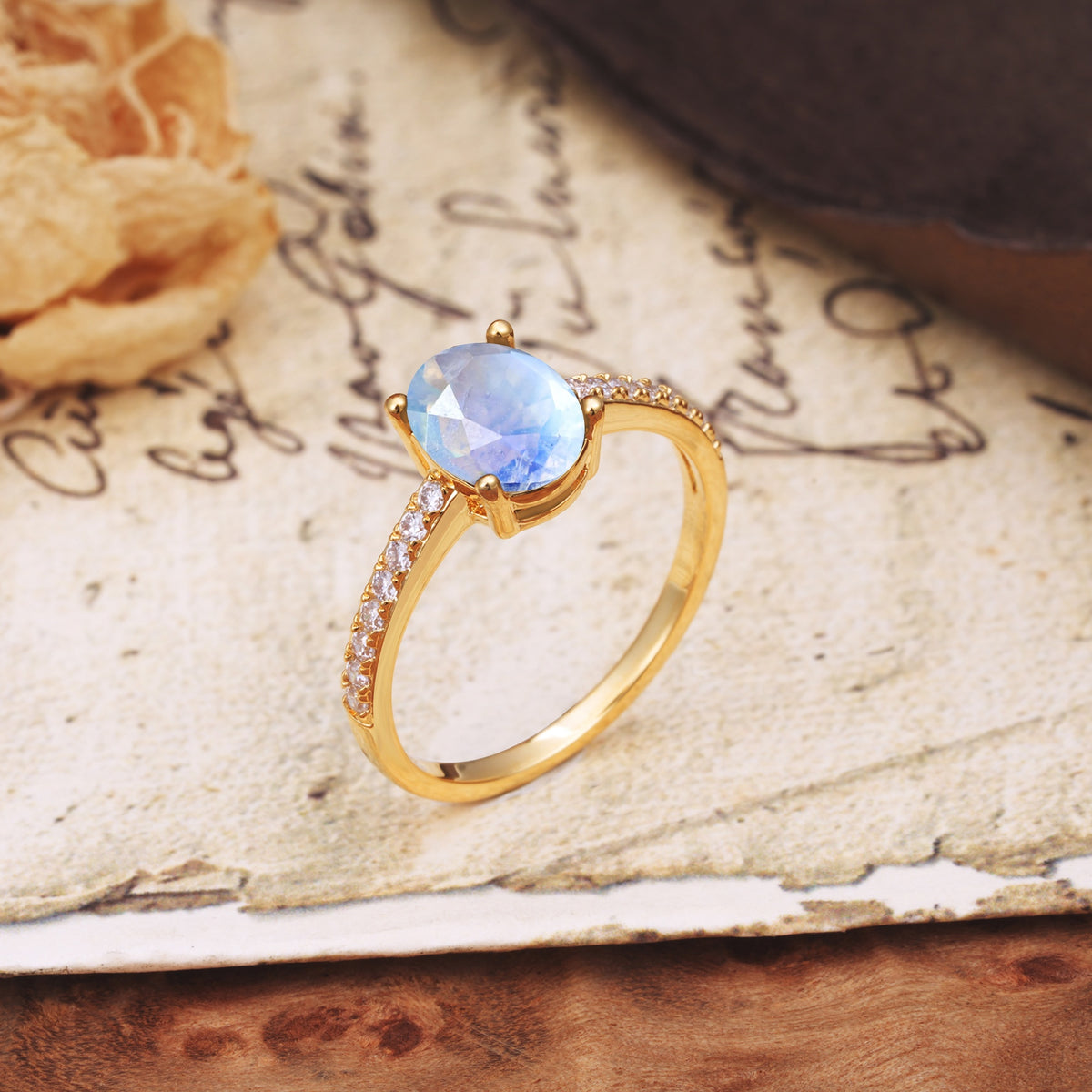 Luxurious and Unique 4-Prong Oval-Cut Moonstone Engagement Ring with Pavé Accents - Additional view