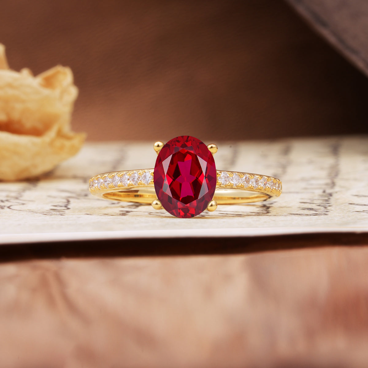 Luxurious and Unique 4-Prong Oval-Cut Ruby Engagement Ring with Pavé Accents - Additional view