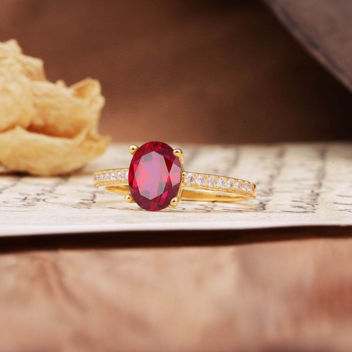 Luxurious and Unique 4-Prong Oval-Cut Ruby Engagement Ring with Pavé Accents - Additional view
